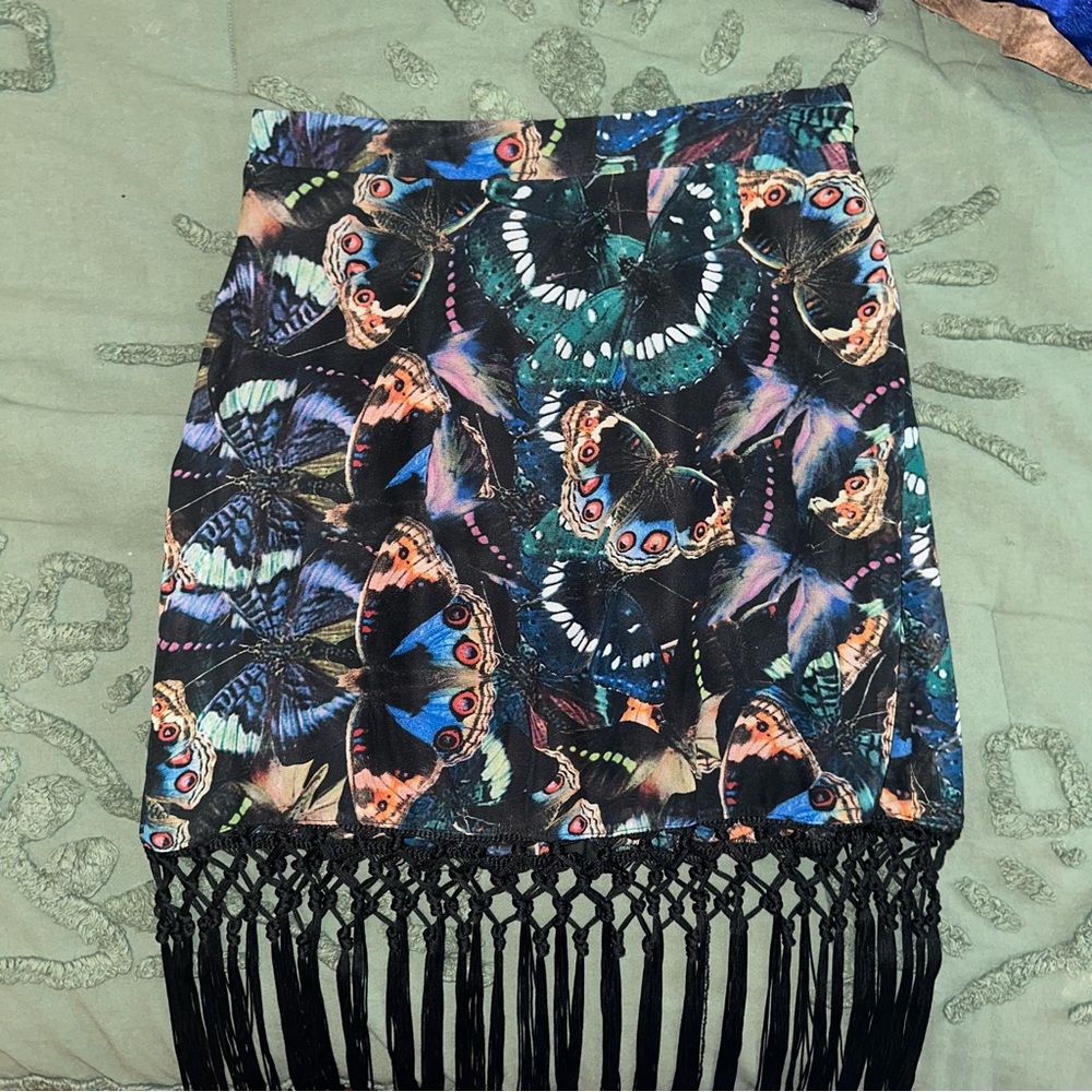 Show Me Your Mumu Butterfly Print Fringe Skirt Size Medium
